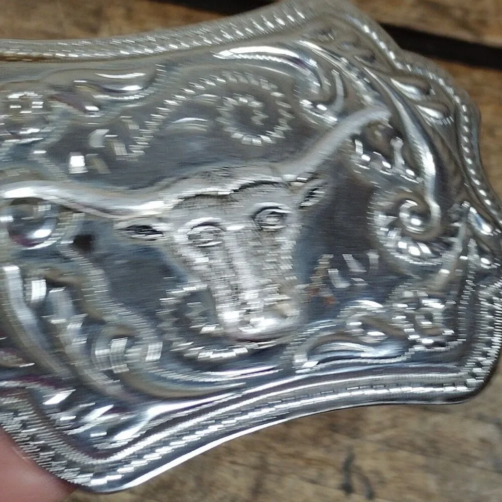 Vintage Belt Buckle Longhorn Texas Bull Western Silver Tone Cowboy Rodeo